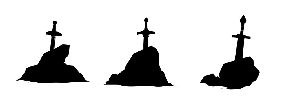 Sword in the stone vector illustration fantasy legend arthurian silhouette drawing isolated design