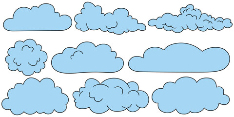 Hand-drawn cartoon set of blue clouds on a white background.