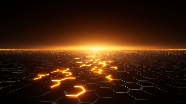 Glowing hexagonal grid surface with bright horizon light abstract background