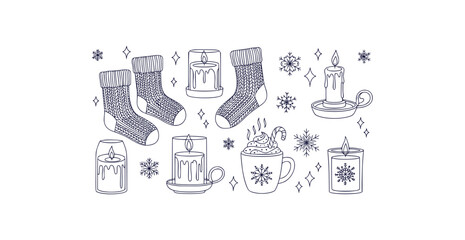 Charming hand drawn winter doodles featuring cozy socks warm candles and steaming mugs with falling snow and sparkles