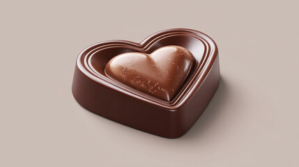A close up shot of a heart shaped chocolate candy with a smaller heart inside it on a plain background