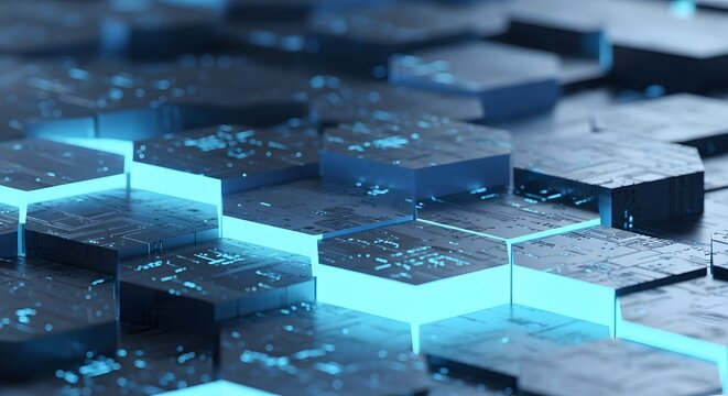 Abstract close-up of hexagonal structures with glowing blue edges, creating a futuristic, technological design.