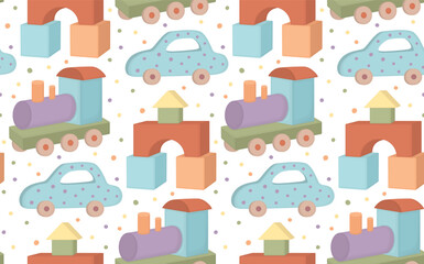 Seamless pattern with bright wooden toys and colorful dots. Background with tower, car and locomotive.