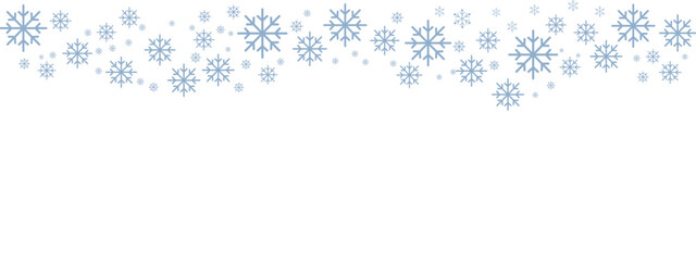 Fototapeta premium Winter snow border with pale blue snowflakes of varying sizes drifting down from the top edge against a clean white background. Minimalist, cold-toned design suitable for Christmas, New Year