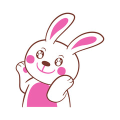 A cute and playful white rabbit with pink ears and cheeks, waving hello with a happy expression