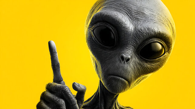 Gray alien pointing finger with large black eyes image