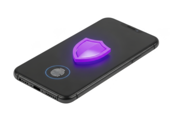 Smartphone with glowing purple shield icon and fingerprint scanner isolated on white background