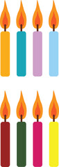 Set of Eight Burning Birthday Candles in Various Colors Isolated on White Background