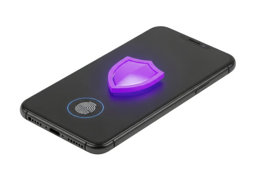 Smartphone with glowing purple shield icon and fingerprint scanner isolated on white background