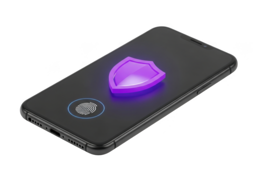 Smartphone with glowing purple shield icon and fingerprint scanner isolated on white background