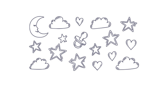 Charming hand drawn nursery icons stars clouds hearts moon and pacifier for baby designs