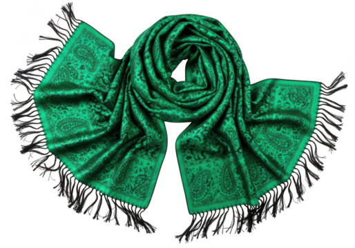 Elegant green scarf with black fringe