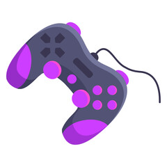 Modern gaming controller with purple buttons and accents on a white background