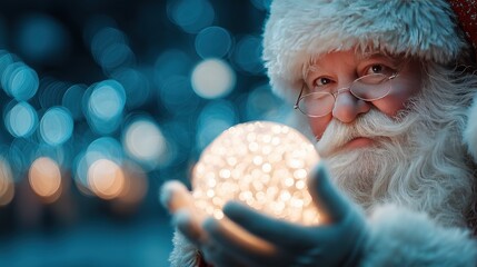 Santa Claus Holding a Glowing Christmas Ball with Bokeh Lights in the Background