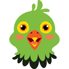 Close up cartoon illustration of a vibrant green parrot head with wide eyes and orange beak smiling with pink cheeks on a transparent background