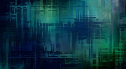 Abstract painting with overlapping geometric shapes and brushstrokes in shades of blue, green, and teal, creating a textured and layered effect.