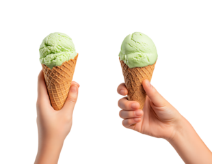 Two Hands Offering Refreshing Green Ice Cream Cones isolated on transparent background
