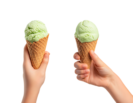 Two Hands Offering Refreshing Green Ice Cream Cones isolated on transparent background