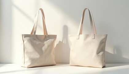 Two plain cream canvas tote bags presented in studio. Neutral background with soft light casts gentle shadows. Eco friendly shopping bags ideal for branding mockup sustainable lifestyle visuals.