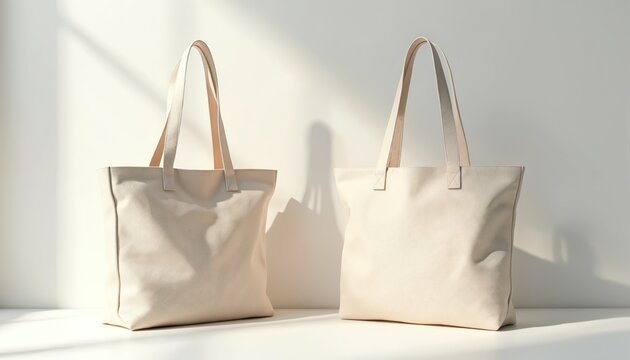 Two plain cream canvas tote bags presented in studio. Neutral background with soft light casts gentle shadows. Eco friendly shopping bags ideal for branding mockup sustainable lifestyle visuals.