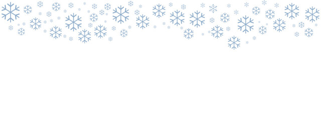 Fototapeta premium Winter snow border with pale blue snowflakes of varying sizes drifting down from the top edge against a clean white background. Minimalist, cold-toned design suitable for Christmas, New Year