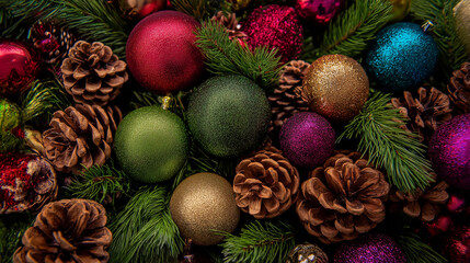 Christmas Background with Green Spruce and Fairy Ball Decorations