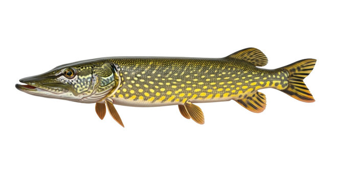 Isolated Northern Pike, a large freshwater fish with green, yellow, and speckled pattern