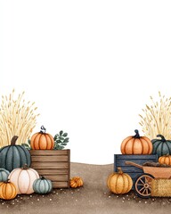 A beautiful autumn scene featuring a variety of pumpkins in rustic wooden crates with golden wheat accents, perfect for seasonal decor.