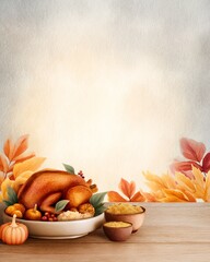 A beautifully arranged Thanksgiving table featuring a roasted turkey, seasonal decorations, and colorful autumn leaves.