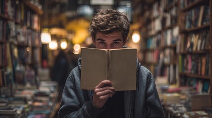 Young man reading a book in a cozy bookstore during the evening hours
