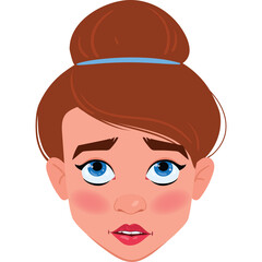 Close up cartoon portrait of a worried woman with red hair in a bun and blue eyes looking up with pink blush on her cheeks and a light blue hair tie against a transparent background