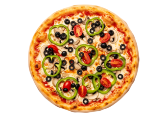 Delicious whole pizza with green bell peppers olives and tomatoes isolated on transparent background