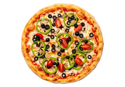 Delicious whole pizza with green bell peppers olives and tomatoes isolated on transparent background - Powered by Adobe