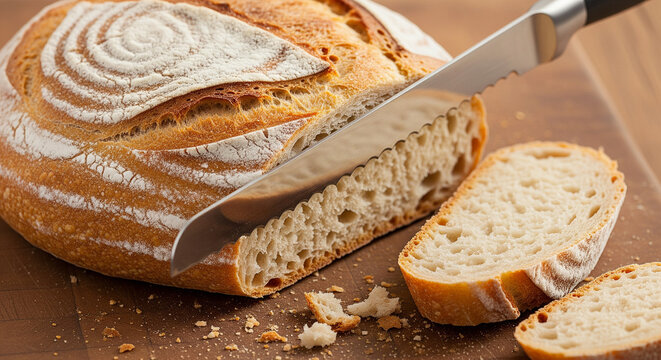 Slicing Freshly Baked Sourdough Bread on a Wooden Board
A detailed, close-up, high-quality photograph capturing the moment a crusty loaf of artisanal sourdough bread is being sliced on a warm wooden 