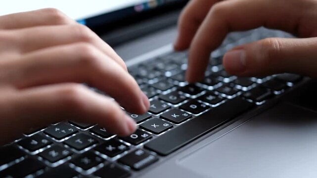 Closeup of hands typing on illuminated laptop keyboard in a digital workspace setting
