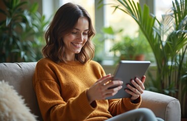 Smiling woman relaxes on couch holding tablet device. She browses internet, watches movie or series. Casual home comfort with modern tech and green indoor plants.