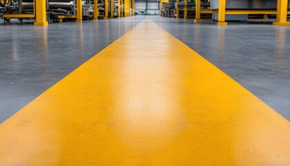 Industrial scene featuring a yellow line on a polished floor in a spacious factory environment.
