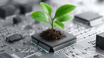 Naklejka premium A Fusion of Nature and Technology: A Plant Growing from a Microchip Symbolizing Eco-Friendly Innovations and Sustainable Solutions in Modern Electronics