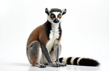 Obraz premium Ring tailed lemur sits patiently on clean white studio background, its distinctive black, white striped tail resting beside it. Primate has large, expressive orange eyes, fluffy grey, brown coat.