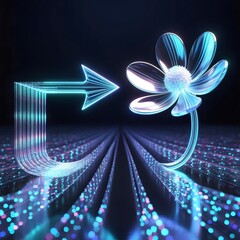 Holographic arrow and flower glowing with particle light