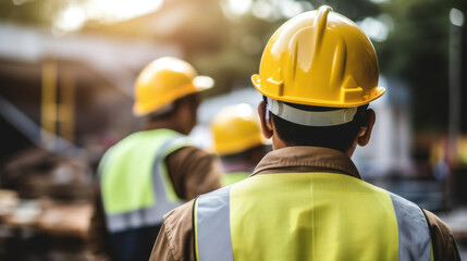 Team of construction workers in hard hats and safety vests collaborating on a busy outdoor project site
