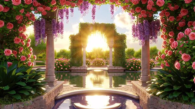 Sunlit garden archway framed by pink roses and purple blossoms overlooking a tranquil fountain pool