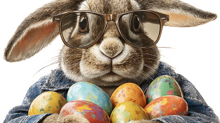 Hipster bunny wearing glasses holding painted Easter eggs rabbit