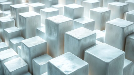 Abstract composition of glowing white cubes in an irregular grid, with gradient lighting