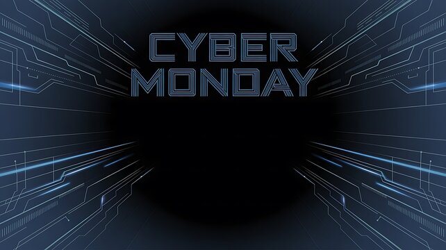 Cyber monday text with futuristic blue lines on black background for online shopping promotion banner