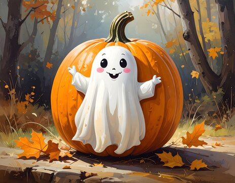 Cute Friendly Ghost Standing in Front of a Large Pumpkin in an Autumn Forest.