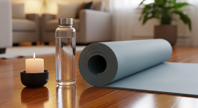 Yoga Mat, Water Bottle, and Candle Ready for Home Meditation
A low-angle, close-up shot capturing a setup for a peaceful home workout or meditation session