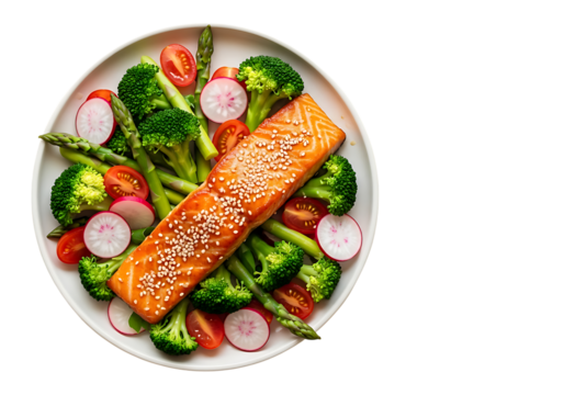 Healthy grilled salmon fillet with fresh broccoli asparagus and radish salad isolated on transparent background - Powered by Adobe