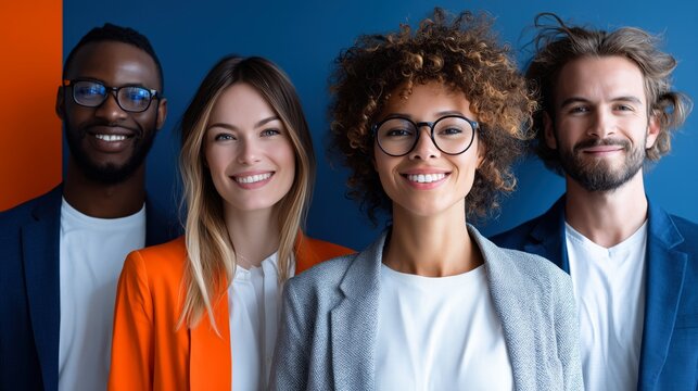 Diverse Group of Professional Individuals Showcasing Team Spirit and Confidence Against a Stylish Background with Vibrant Colors