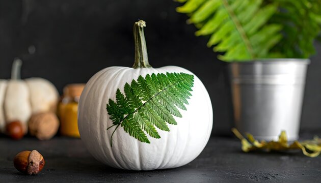 Modern autumn decoration featuring a white pumpkin with a green fern leaf print.